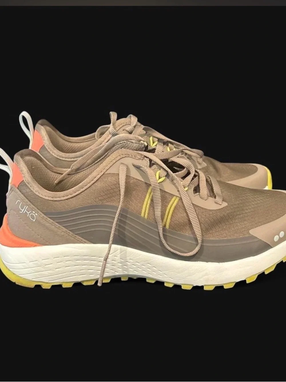 Ryka Taupe Sneakers with Coral Heel and Yellow Accents